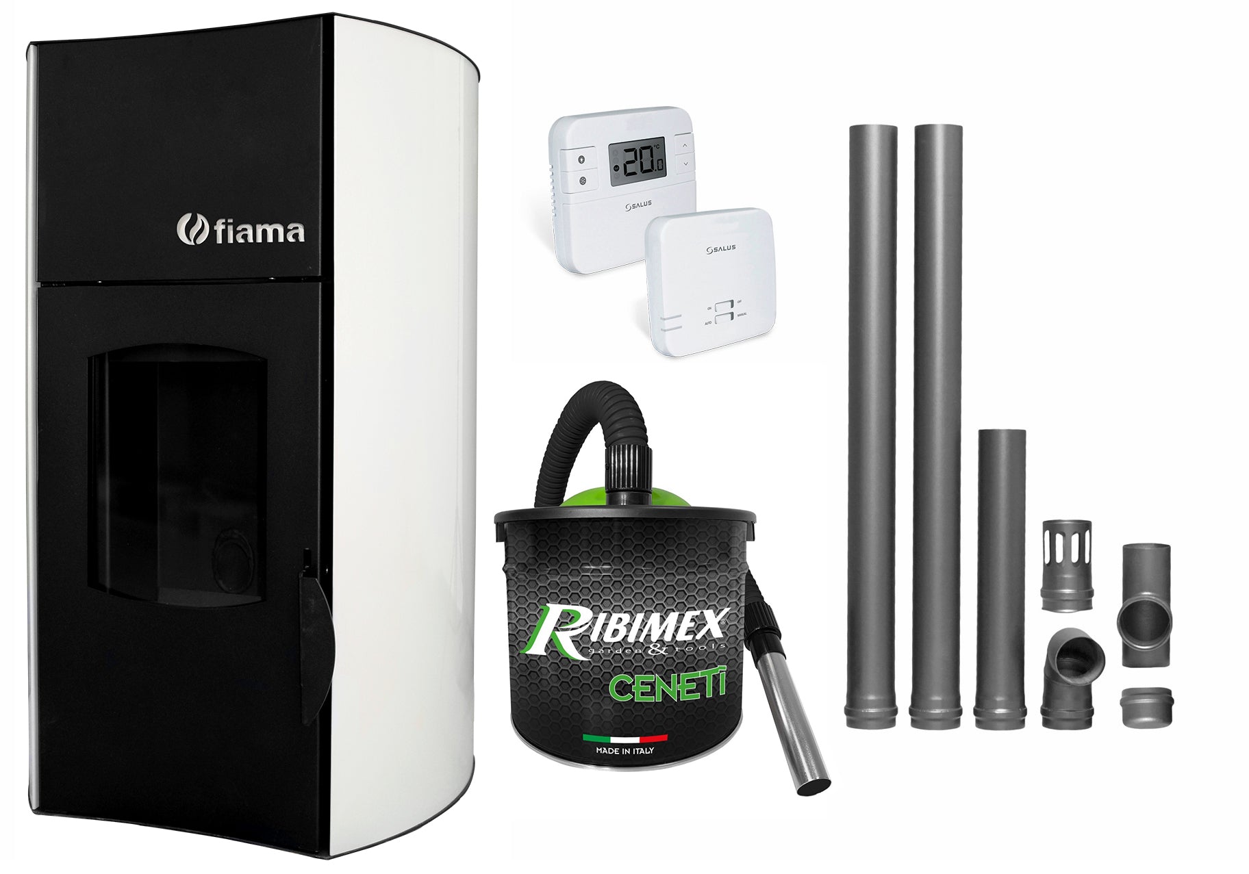 Pachet Termosemineu pe peleti Fiama Bianco 25 kw, complet echipat pentru incalzire, pompa circulatie, vas expansiune, automatizare, kit evacuare 2.5 ml, Termostat Radio Comanda Salus RT 305 RF, Aspirator Cenusa