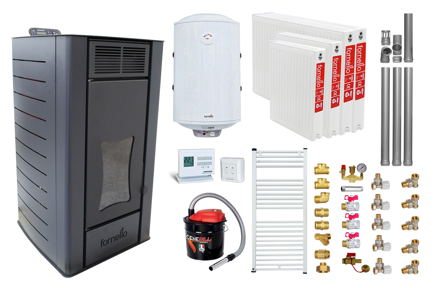 Pachet Termosemineu peleti Fornello SERENA W25, 25 kw, culoare Black, complet echipat, pompa circulatie, vas expansiune, automatizare, kit evacuare 3.5 ml, Boiler Termoelectric Fornello 100 l, Termostat Radio Comanda Computherm Q3 RF, Aspirator, Cal