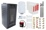Pachet Termosemineu peleti Fornello SERENA W25, 25 kw, culoare Black, complet echipat, pompa circulatie, vas expansiune, automatizare, kit evacuare 3.5 ml, Boiler Termoelectric Fornello 100 l, Termostat Radio Comanda Computherm Q3 RF, Aspirator, Cal