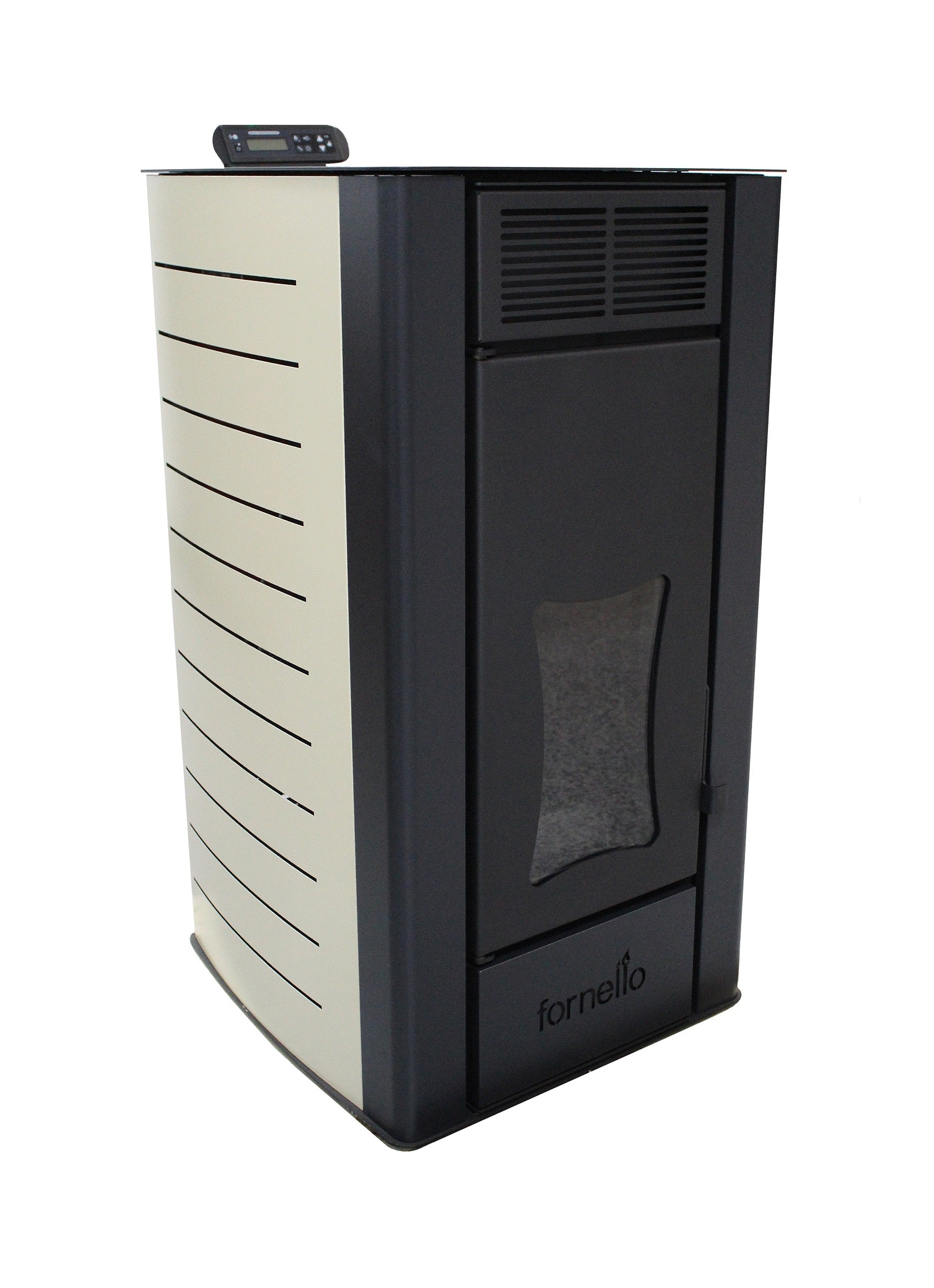 Pachet Termosemineu pe peleti Fornello Premium W 25, 25 kw, culoare Ivory, complet echipat, pompa circulatie, vas expansiune, automatizare, kit evacuare 3.5 ml, Boiler Termoelectric Fornello 100 l, Termostat Radio Comanda Computherm Q3 RF, Aspirator Cenusa