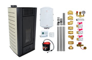 Pachet Termosemineu pe peleti Fornello Premium W 25, 25 kw, culoare Ivory, complet echipat, pompa circulatie, vas expansiune, automatizare, kit evacuare 3.5 ml, Boiler Termoelectric Fornello 100 l, Termostat Radio Comanda Computherm Q3 RF, Aspirator Cenusa