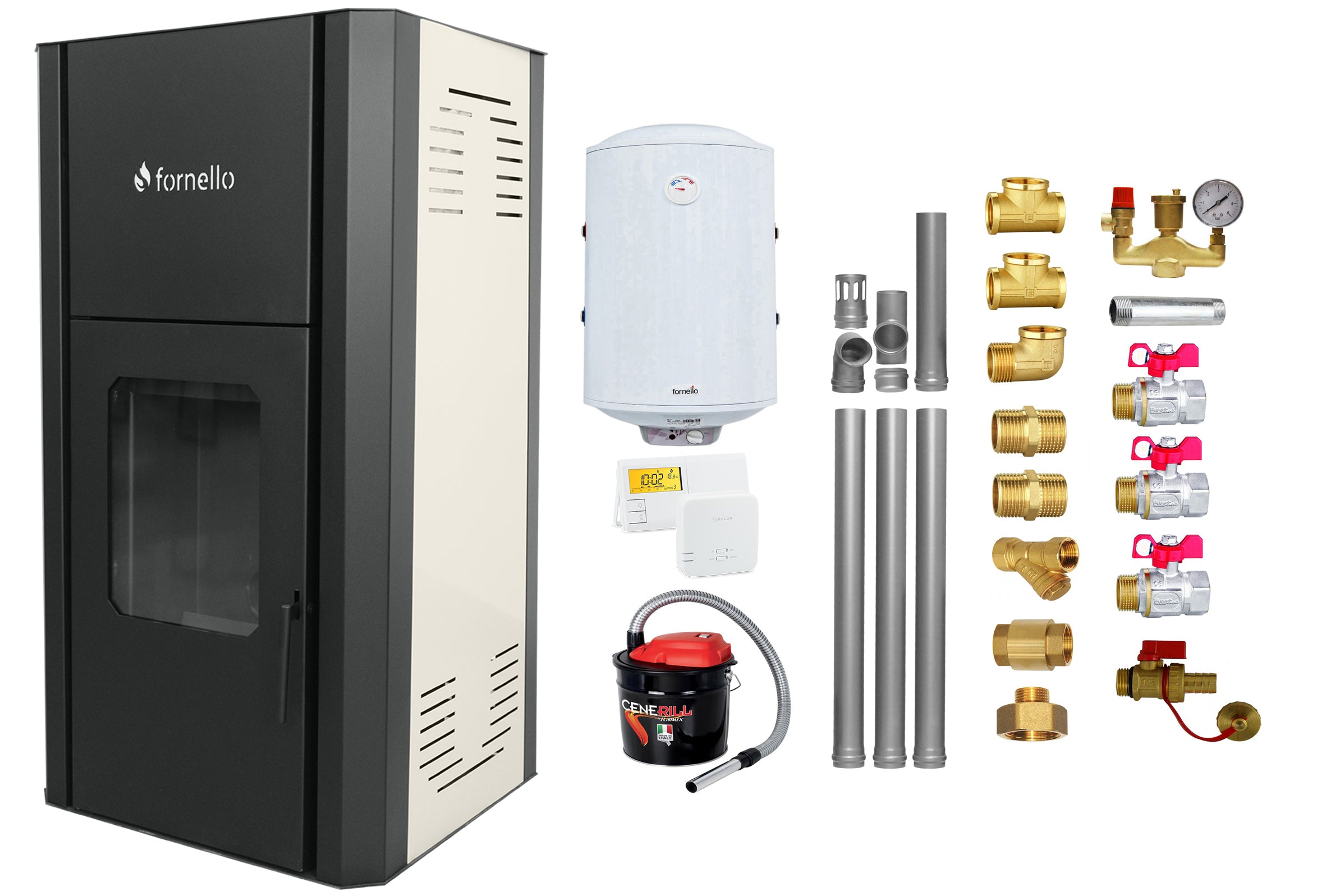 Pachet Termosemineu pe peleti Fornello Primo Pellet 25 kw, complet echipat pentru incalzire, pompa circulatie, vas expansiune, automatizare, kit evacuare 3.5 ml, Boiler Termoelectric Fornello 100 l, Termostat Salus 091FLRFV2, Aspirator si kit montaj