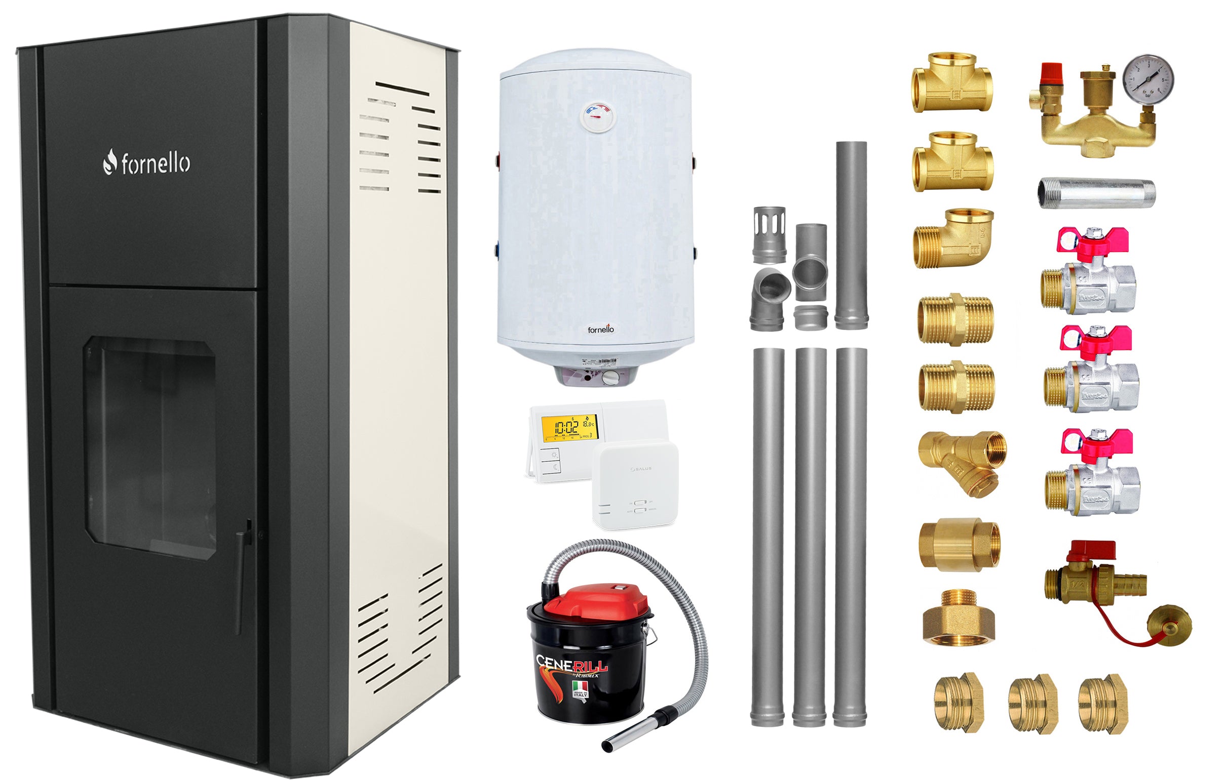 Pachet Termosemineu pe peleti Fornello Primo Pellet Ivory 30 kw, complet echipat pentru incalzire, pompa, vas expansiune, automatizare, kit evacuare 3.5 ml, Boiler Termoelectric Fornello 100 l, Termostat Salus 091FLRFV2, Aspirator si kit montaj