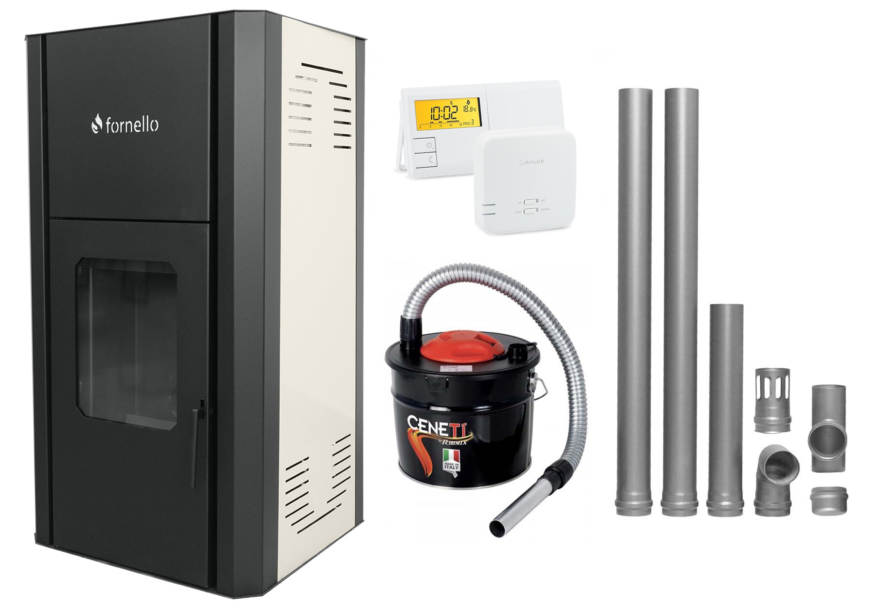 Pachet Termosemineu peleti Fornello Primo Pellet Ivory 25 kw, complet echipat pentru incalzire, pompa circulatie, vas expansiune, automatizare, kit evacuare 2.5 ml, Termostat Salus 091FLRFV2, Aspirator Cenusa