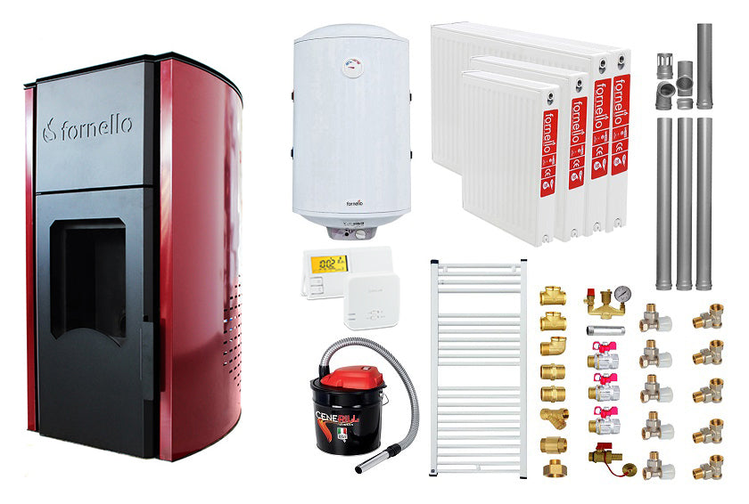 Pachet Termosemineu pe peleti Fornello Royal Bordeaux 25 kw, complet echipat, pompa circulatie, vas expansiune, automatizare, kit evacuare 3.5 ml, Boiler Termoelectric Fornello 100 l, Termostat Radio Comanda Salus 091FLRFV2, Aspirator, Calorifere si kit