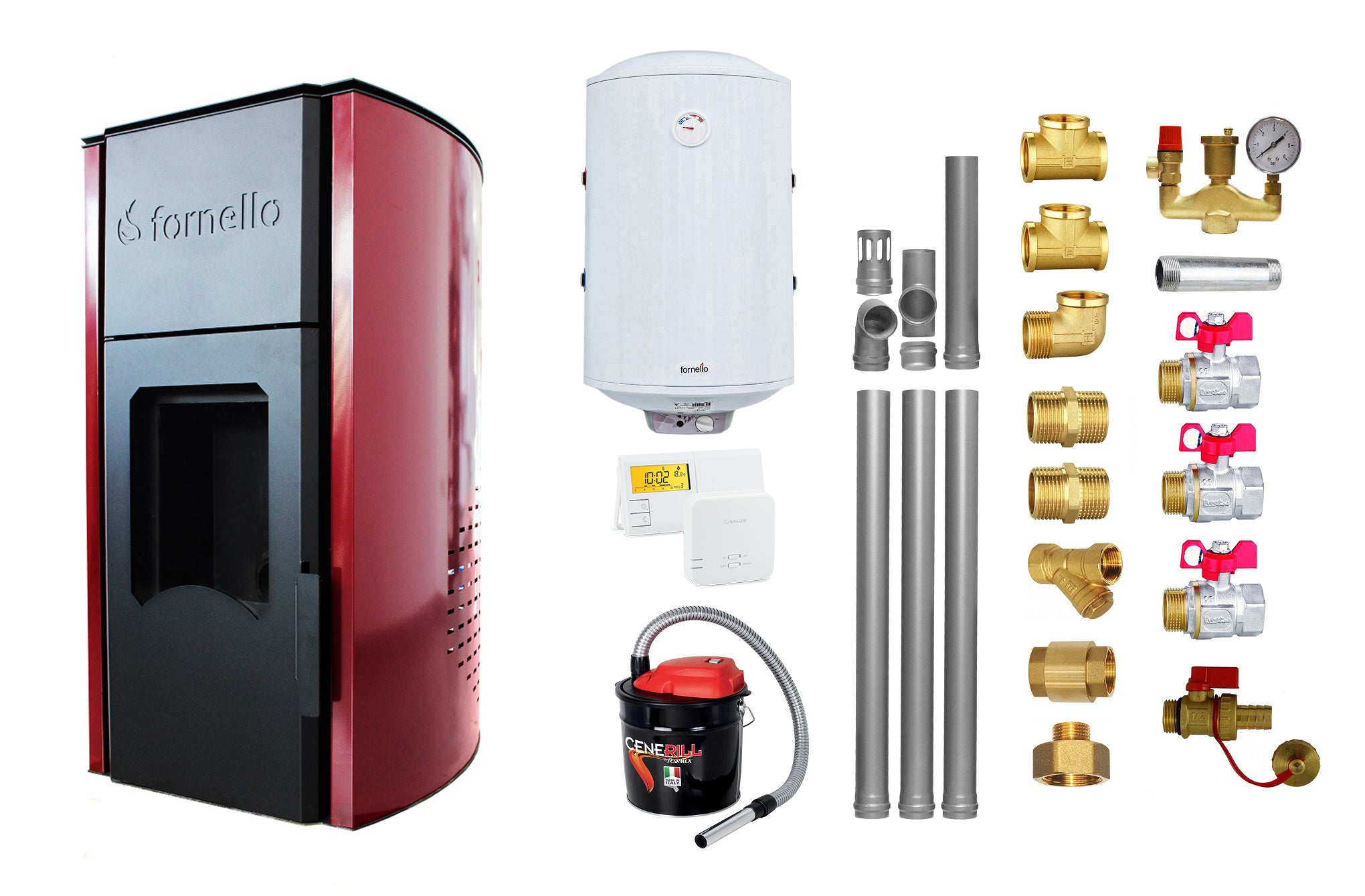Pachet Termosemineu pe peleti Fornello Royal Bordeaux 25 kw, complet echipat pentru incalzire, pompa circulatie, vas expansiune, automatizare, kit evacuare 3.5 ml, Boiler Termoelectric Fornello 100 l, Termostat Radio Comanda Salus 091FLRFV2, Aspirator s