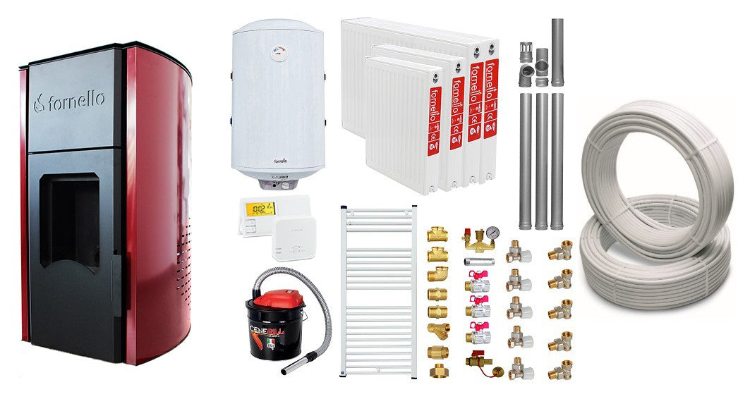 Pachet Termosemineu pe peleti Fornello Royal Bordeaux 25 kw, complet echipat, pompa circulatie, teava hidronix, vas expansiune, automatizare, kit evacuare 3.5 ml, Boiler Termoelectric Fornello 100 l, Termostat Radio Comanda Salus 091FLRFV2, Aspirator, C