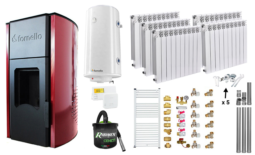 Pachet Termosemineu pe peleti Fornello Royal Bordeaux 25 kw, complet echipat, pompa circulatie, vas expansiune, automatizare, Calorifere aluminiu Fornello Alvo, Boiler, kit evacuare 3.5 ml, Aspirator Cenusa, Termostat si Fitinguri