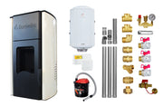 Pachet Termosemineu pe peleti Fornello Royal Ivory 25 kw, complet echipat pentru incalzire, pompa circulatie, vas expansiune, automatizare, kit evacuare 3.5 ml, Boiler Termoelectric Fornello 100 l, Termostat Salus 091FLRFV2, Aspirator si kit montaj