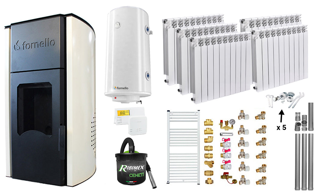 Pachet Termosemineu pe peleti Fornello Royal Ivory 25 kw, complet echipat, pompa circulatie, vas expansiune, automatizare, Calorifere aluminiu Fornello Alvo, Boiler, kit evacuare 3.5 ml, Aspirator Cenusa, Termostat si Fitinguri