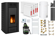 Pachet Termosemineu peleti Fornello SERENA 25 kw, culoare black, complet echipat, pompa circulatie, vas expansiune, automatizare, kit evacuare 3.5 ml, Boiler Termoelectric Fornello 100 l, Termostat, Aspirator, calorifere