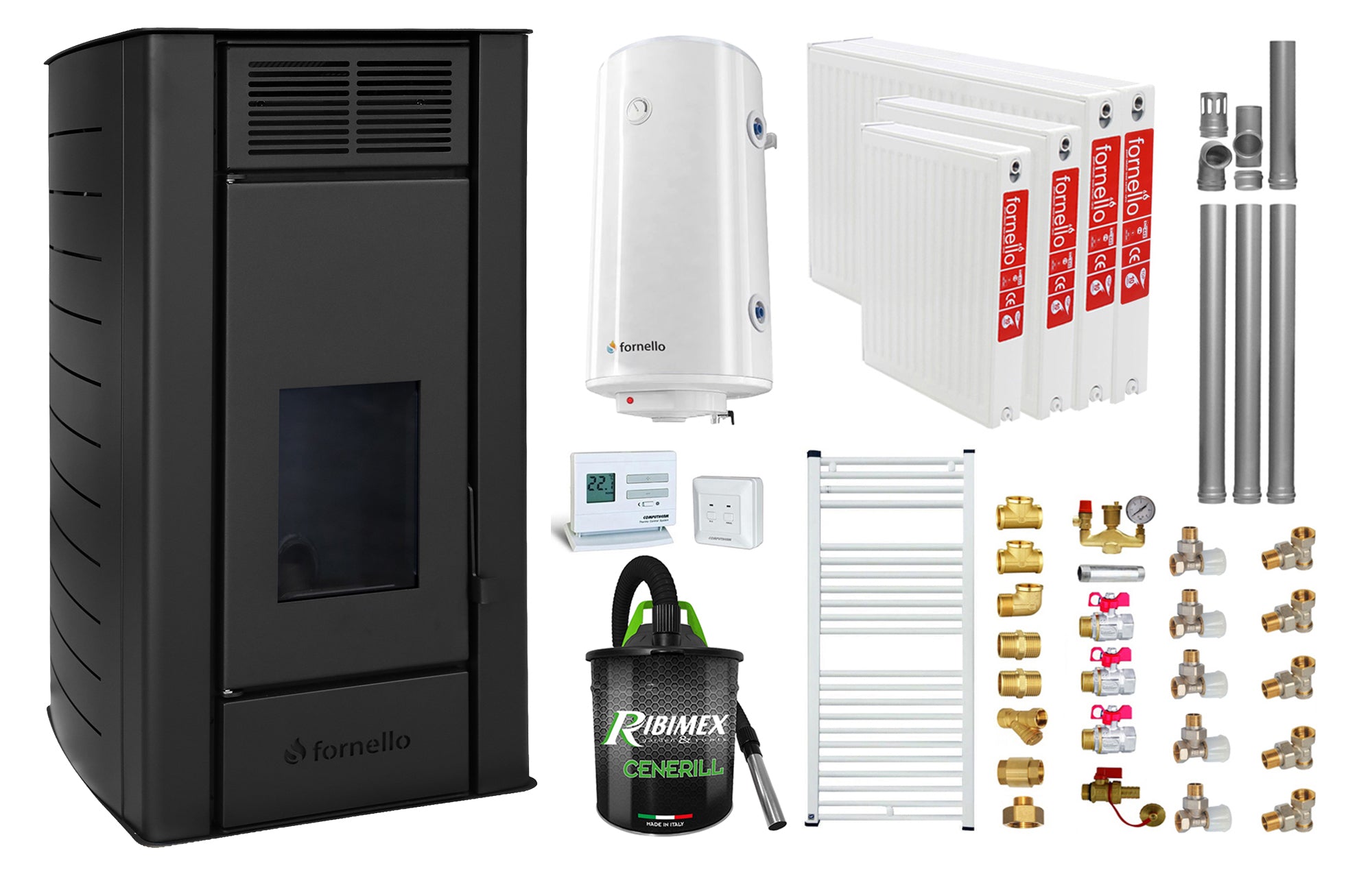 Pachet Termosemineu peleti Fornello SERENA W25, 25 kw, culoare Black, complet echipat, pompa circulatie, vas expansiune, automatizare, kit evacuare 3.5 ml, Boiler Termoelectric Fornello 100 l, Termostat Radio Comanda Computherm Q3 RF, Aspirator, Cal