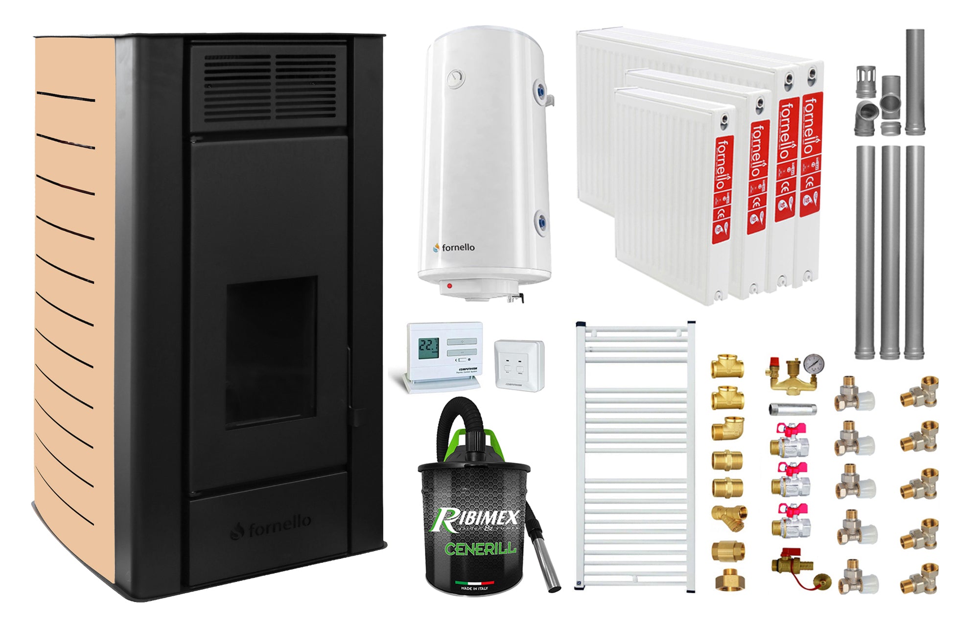 Pachet Termosemineu pe peleti Fornello SERENA W25, 25 kw, culoare Ivory, complet echipat, pompa circulatie, vas expansiune, automatizare, kit evacuare 3.5 ml, Boiler Termoelectric Fornello 100 l, Termostat Radio Comanda Computherm Q3 RF, Aspirator, Cal