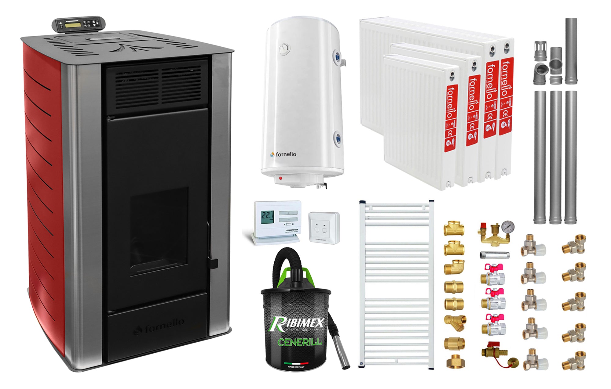 Pachet Termosemineu pe peleti Fornello SERENA W25, 25 kw, Bordeaux, complet echipat, pompa circulatie, vas expansiune, automatizare, kit evacuare 3.5 ml, Boiler Termoelectric Fornello 100 l, Termostat Computherm Q3 RF, Aspirator, Calorifere si kit mon