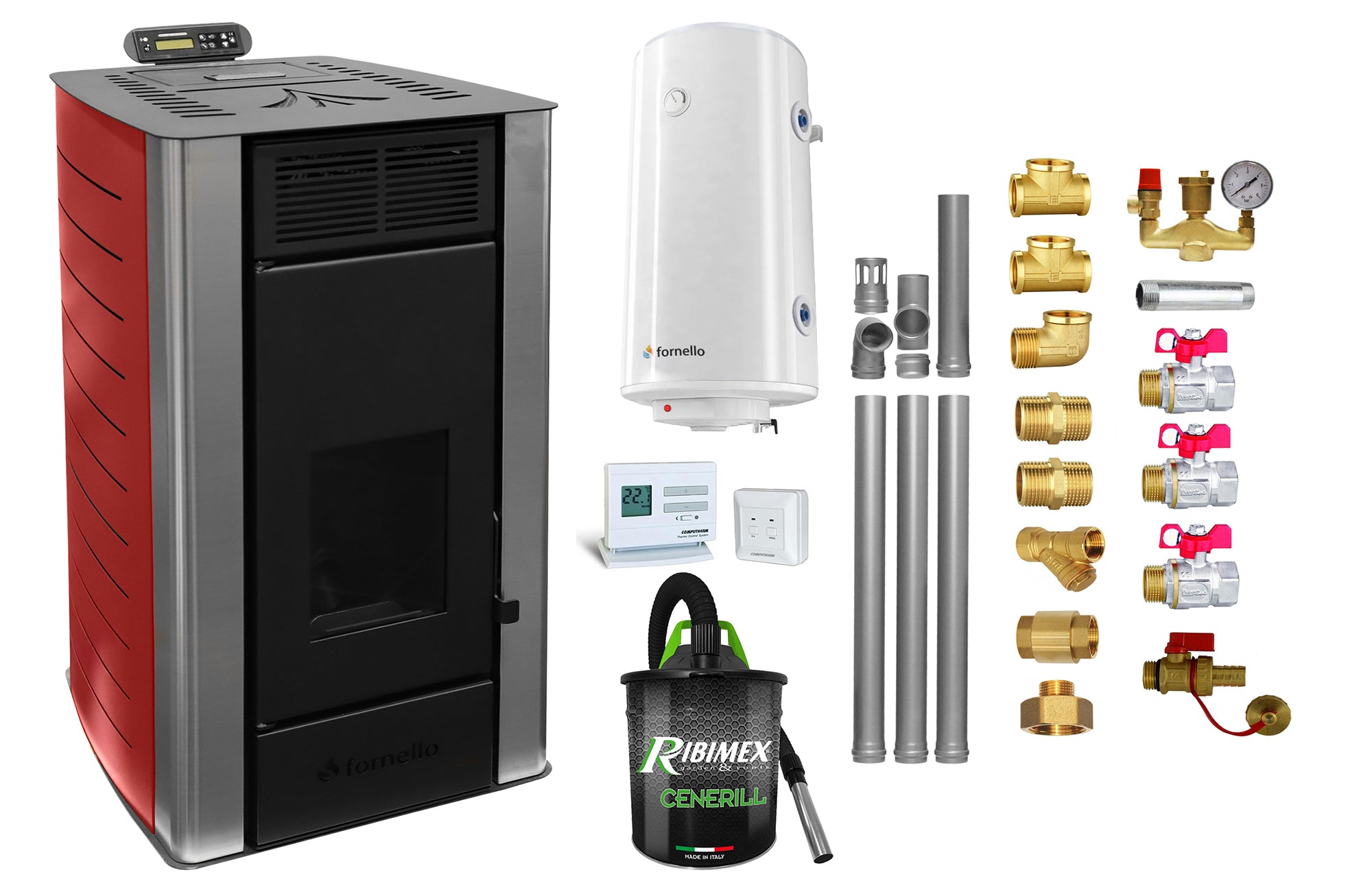 Pachet Termosemineu pe peleti Fornello SERENA W25, 25 kw, culoare Bordeaux, complet echipat, pompa circulatie, vas expansiune, automatizare, kit evacuare 3.5 ml, Boiler Termoelectric Fornello 100 l, Termostat Radio Comanda Computherm Q3 RF, Aspirator