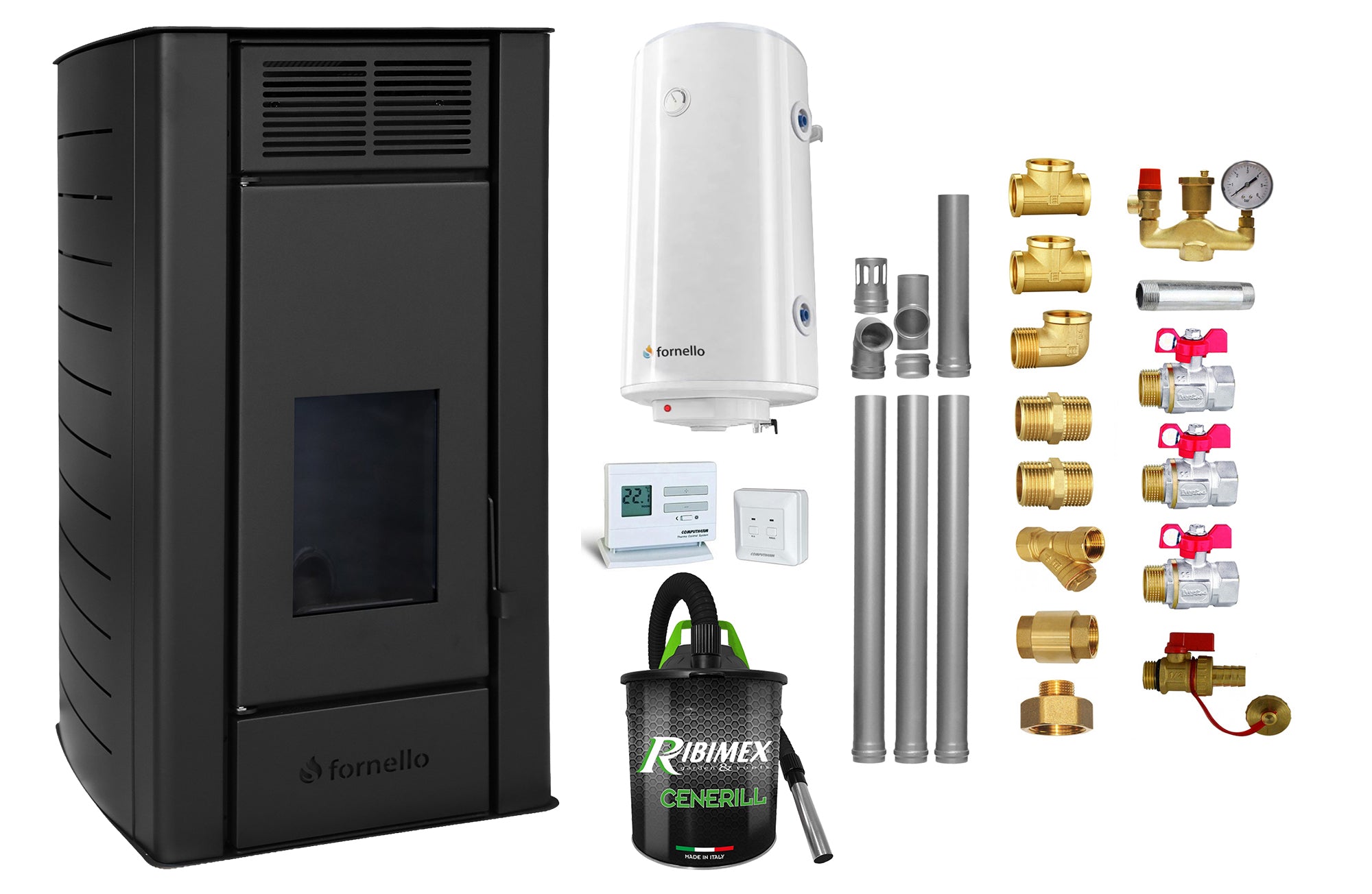 Pachet Termosemineu pe peleti Fornello SERENA W25, 25 kw, culoare Black, complet echipat, pompa circulatie, vas expansiune, automatizare, kit evacuare 3.5 ml, Boiler Termoelectric Fornello 100 l, Termostat Computherm Q3 RF, Aspirator Cenusa si kit mont