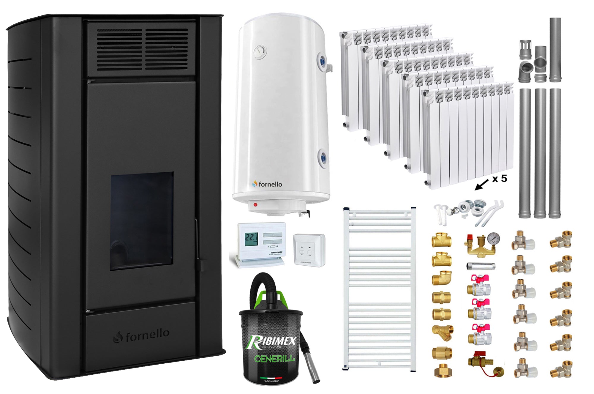 Pachet Termosemineu pe peleti Fornello SERENA W25, 25 kw, culoare Black, complet echipat, calorifere aluminiu Fornello Alvo, pompa, vas expansiune, automatizare, kit evacuare 3.5 ml, Boiler Termoelectric Fornello 100 l, Termostat, Aspirator