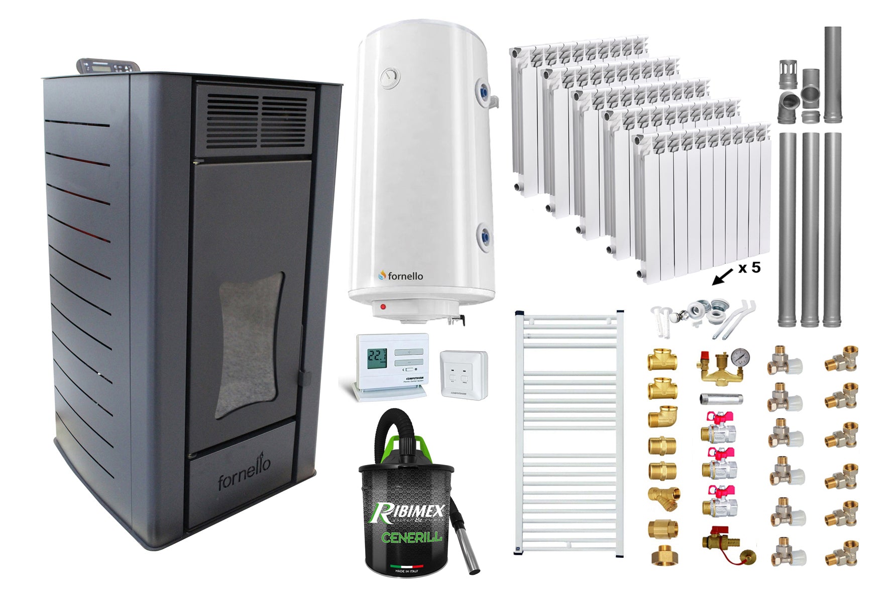 Pachet Termosemineu pe peleti Fornello SERENA W25, 25 kw, culoare Black, complet echipat, calorifere aluminiu Fornello Alvo, pompa, vas expansiune, automatizare, kit evacuare 3.5 ml, Boiler Termoelectric Fornello 100 l, Termostat, Aspirator