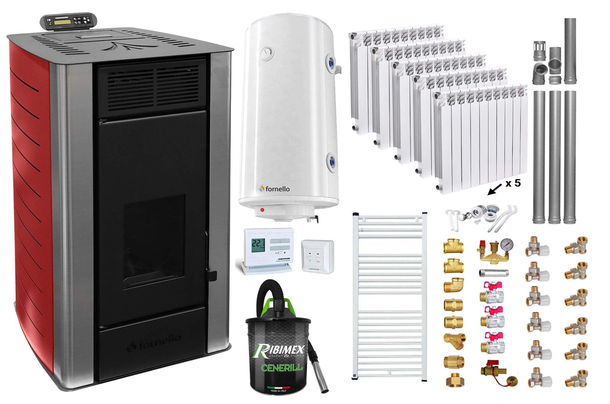 Pachet Termosemineu pe peleti Fornello SERENA W25, 25 kw, culoare Bordeaux, complet echipat, calorifere aluminiu Fornello Alvo, pompa, vas expansiune, automatizare, kit evacuare 3.5 ml, Boiler Termoelectric Fornello 100 l, Termostat, Aspirator
