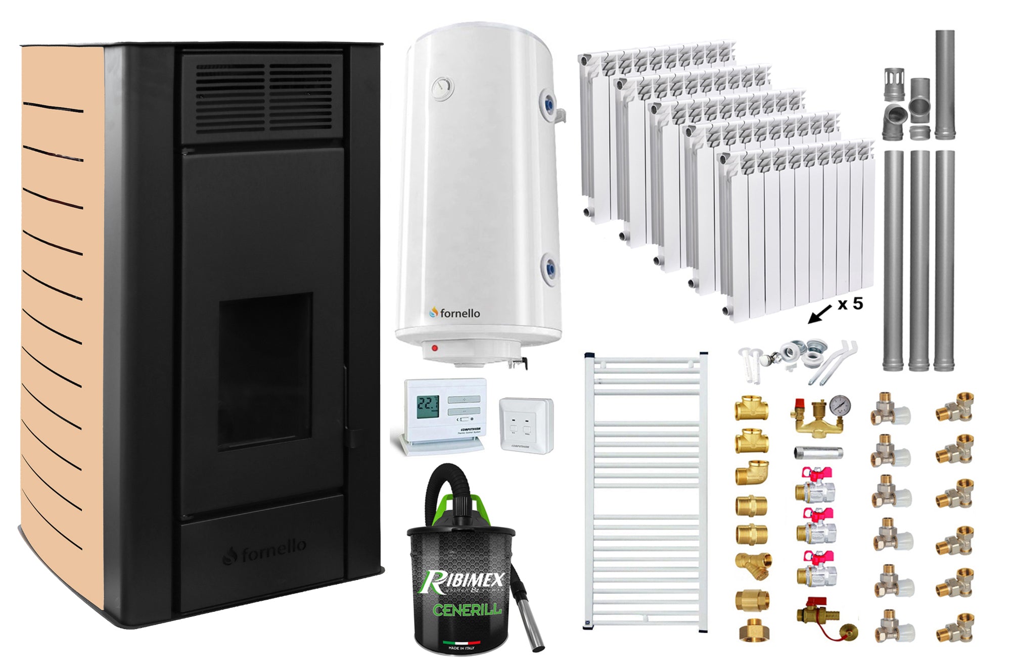 Pachet Termosemineu pe peleti Fornello SERENA W25, 25 kw, culoare Ivory, complet echipat, calorifere aluminiu Fornello Alvo, pompa, vas expansiune, automatizare, kit evacuare 3.5 ml, Boiler Termoelectric Fornello 100 l, Termostat, Aspirator