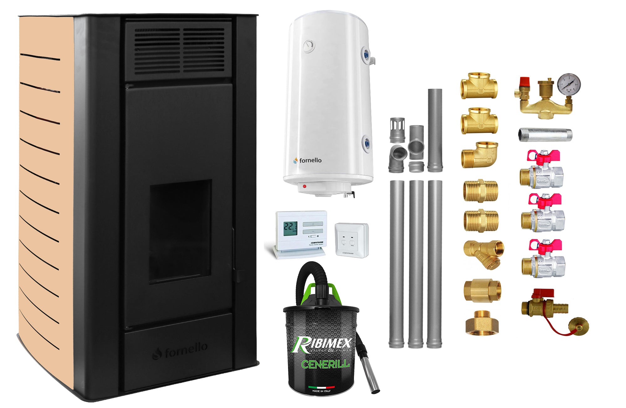 Pachet Termosemineu pe peleti Fornello SERENA W25, 25 kw, culoare Ivory, complet echipat, pompa circulatie, vas expansiune, automatizare, kit evacuare 3.5 ml, Boiler Termoelectric Fornello 100 l, Termostat, Aspirator