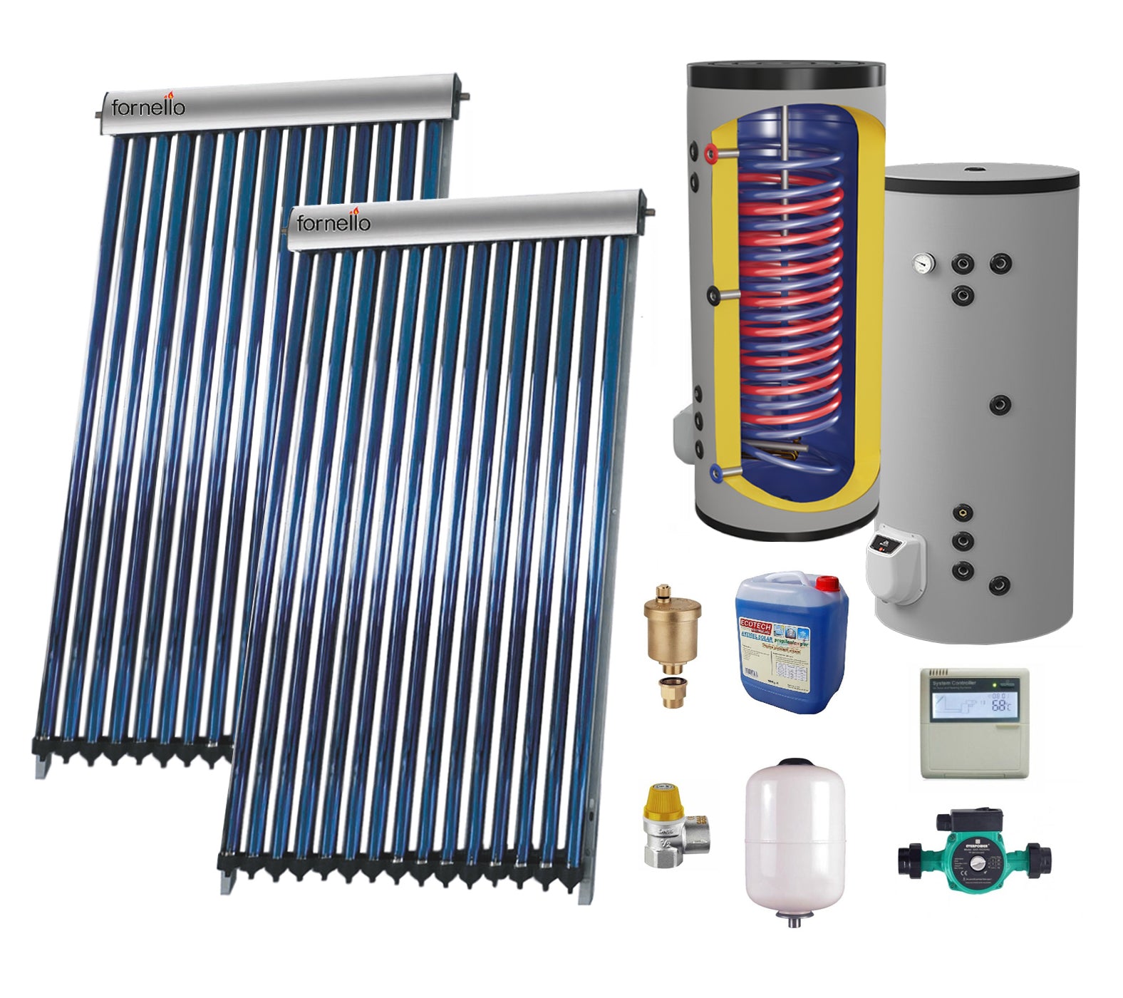 Set Sistem solar presurizat, panou Fornello 40 Tuburi Heat Pipe, boiler cu 2 serpentine si rezistenta electrica Eldom 200 litri cu montaj pe sol, pompa 25-60, controller, vas expansiune, antigel, supapa 1/2, aerisitor 1/2