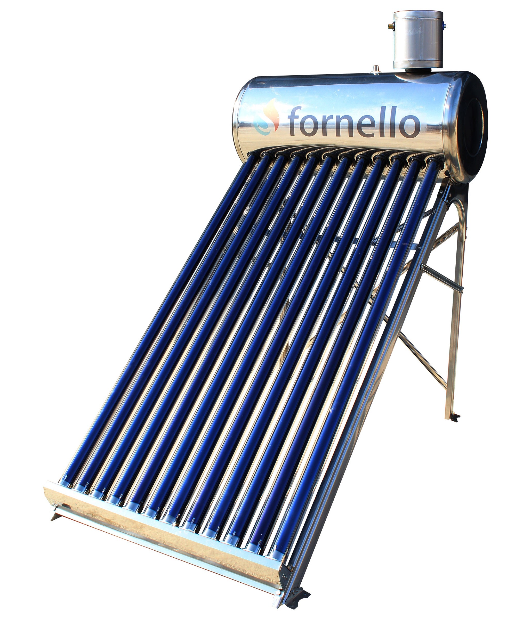 Panou solar nepresurizat Fornello pentru producere apa calda, cu rezervor inox, 100 litri, 12 tuburi vidate si vas flotor 5 litri