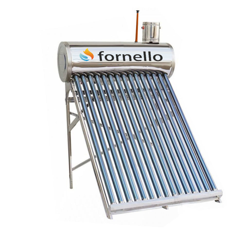 Panou solar nepresurizat Fornello pentru producere apa calda, cu rezervor inox, 122 litri, 15 tuburi vidate si vas flotor 5 litri