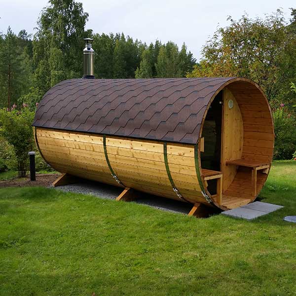 Sauna butoi din molid lungime 4m, diametru 2m antecamera si terasa