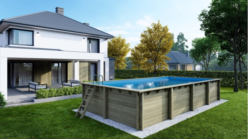 Piscina din lemn 4,35×8,5×1,45 m pe cadru fara cimentare