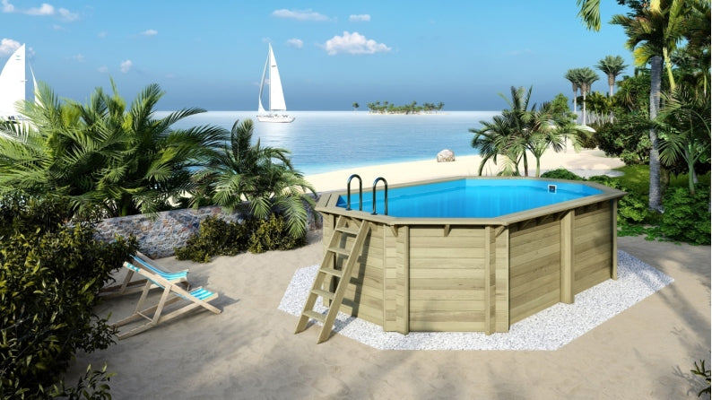 Piscina din lemn 3,49×5,79×1,45 m cadru fixata pe beton existent