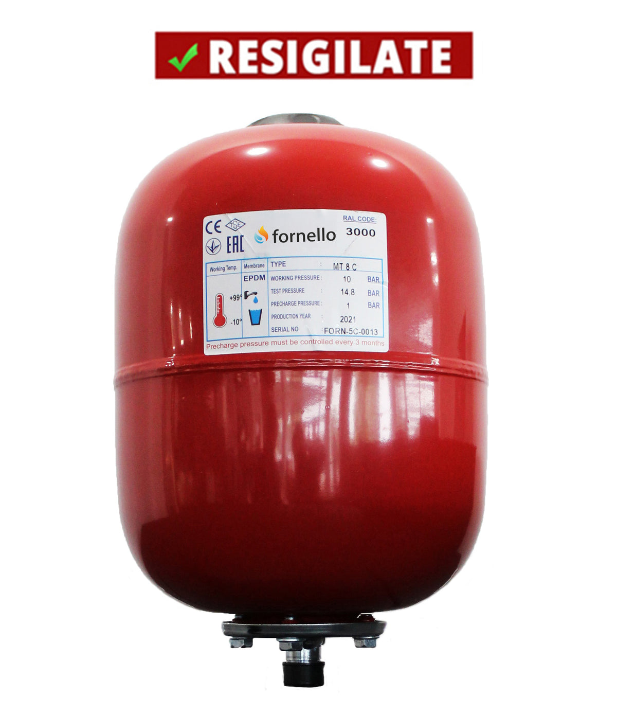 PRODUS RESIGILAT CU DEFECTE ESTETICE DAR IN PERFECTA STARE DE FUNCTIONARE 9509 !!! Vas expansiune termic Fornello 8 litri, vertical culoare rosu, presiune maxima 10 bar, membrana EPDM