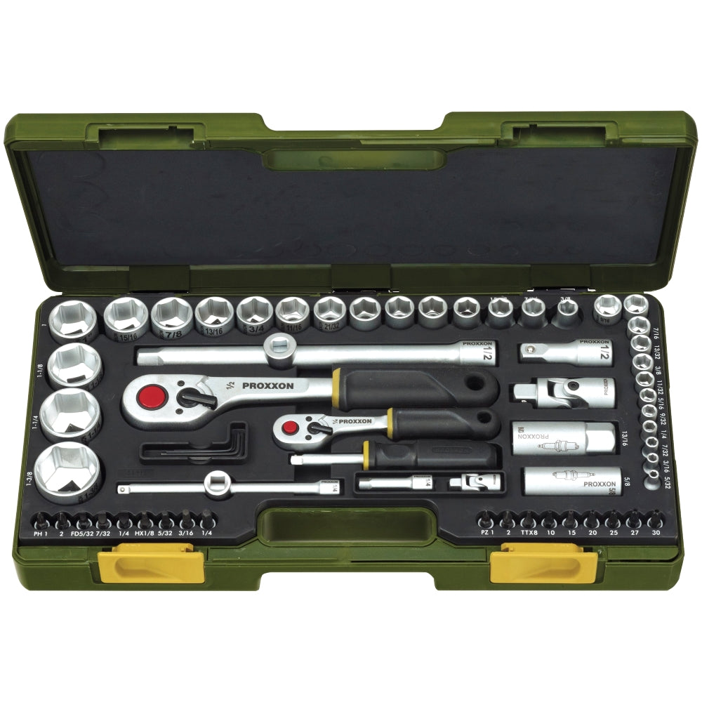 Trusa completa, versiune in Inch, cu chei tubulare de 1/4" si 1/2", Proxxon 23294, 65 piese