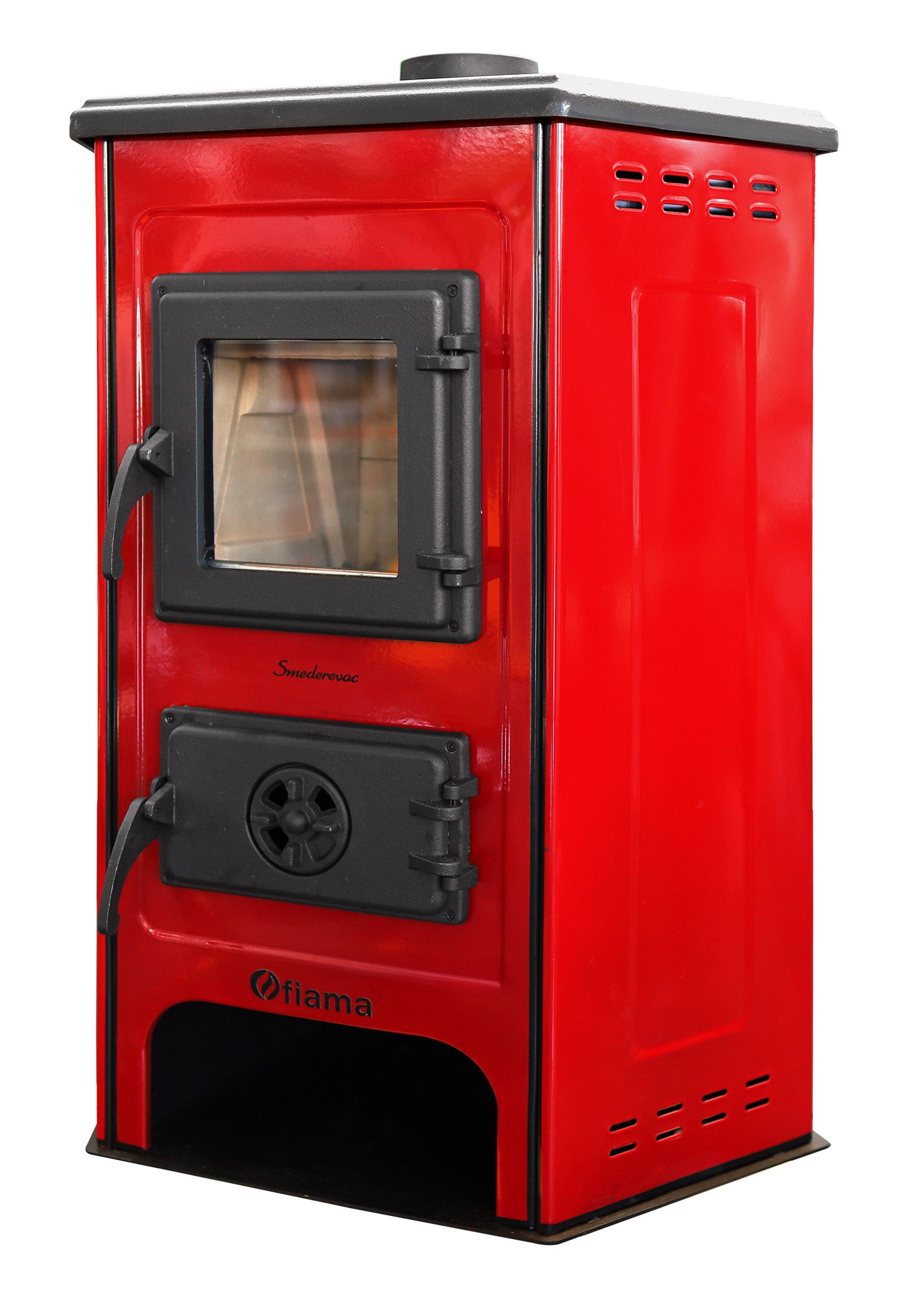 Semineu cu plita din fonta Fiama SD CORNER, pe lemne,brichete si carbune, putere 6 kW, culoare red