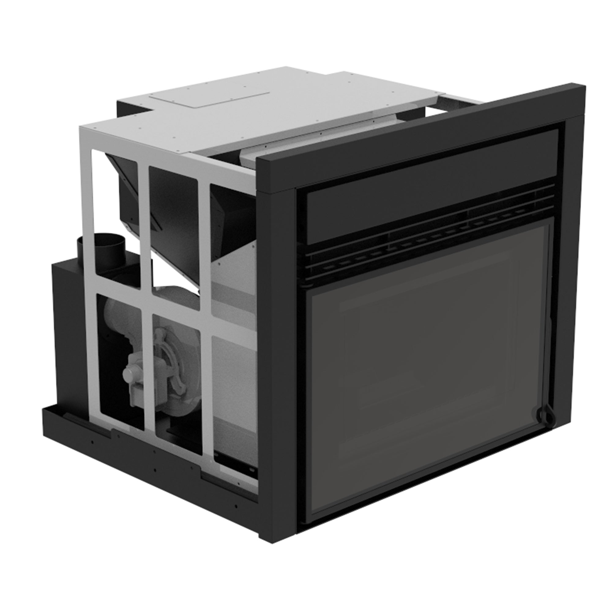 Semineu incastrabil pe peleti cu aer cald Fiama INSERT 11 kw, aprindere electrica, tiraj fortat, wifi, focar din fonta, recomandat pentru 110 mp