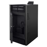 Semineu pe peleti cu aer cald Fiama Fuoco 8 kw, aprindere electrica, tiraj fortat, wifi, focar din fonta, recomandat pentru 75 mp, Black