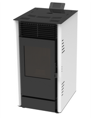 Semineu pe peleti cu aer cald Fiama Fuoco 8 kw, aprindere electrica, tiraj fortat, wifi, focar din fonta, recomandat pentru 75 mp, Alb