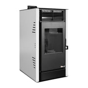 Semineu pe peleti cu aer cald Fiama Fuoco 8 kw, aprindere electrica, tiraj fortat, wifi, focar din fonta, recomandat pentru 75 mp, Alb