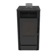 Pachet Semineu pe peleti cu aer cald Fiama Fuoco 8 kw, aprindere electrica, tiraj fortat, wifi, focar din fonta, recomandat pentru 75 mp, Black, Kit evacuare 3.5 ml si Aspirator cenusa