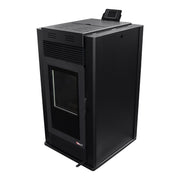 Semineu pe peleti cu aer cald Fiama Maxima 14 kw, aprindere electrica, tiraj fortat, wifi, focar din fonta, recomandat pentru 140 mp, Black