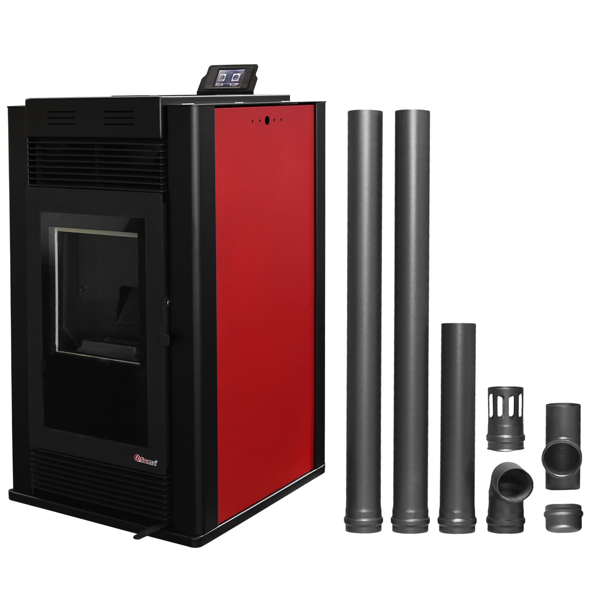 Semineu pe peleti cu aer cald Fiama Maxima 14 kw, aprindere electrica, tiraj fortat, wifi, focar din fonta, recomandat pentru 140 mp, Bordeaux,Kit evacuare 2.5 ml