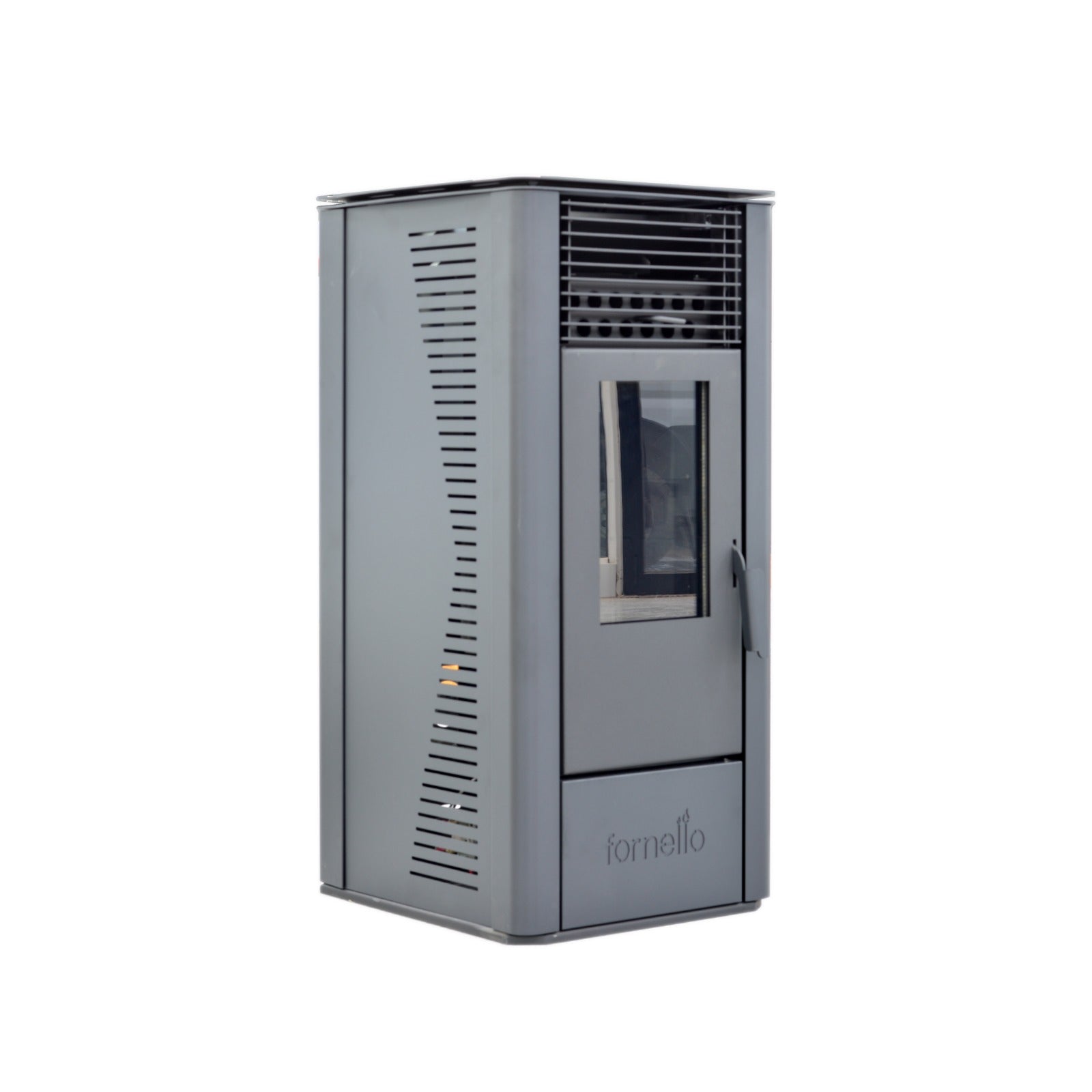 Semineu pe peleti cu aer cald, Fornello Sophia Premium 11 kw, aprindere electrica, tiraj fortat, telecomanda, culoare Black, recomandat pentru 110 mp, focar din fonta , dimensiuni compacte 45x45x97 cm, capacitate buncar 22 kg, consum 0.8 kh/h