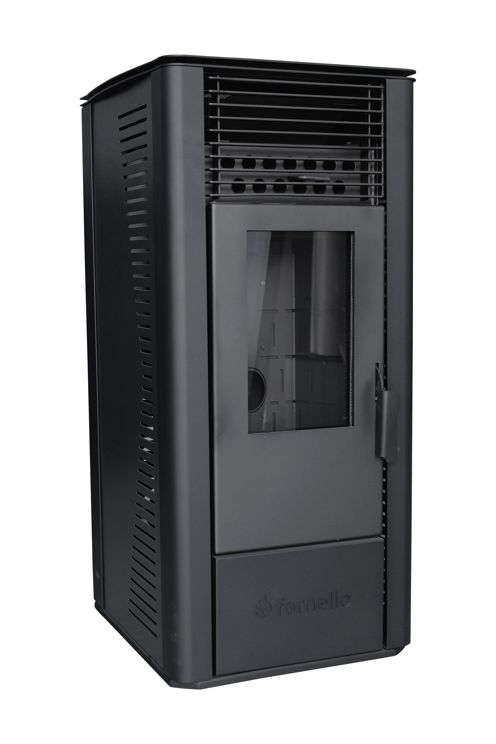 Semineu pe peleti cu aer cald, Fornello Sophia Premium 11 kw, aprindere electrica, tiraj fortat, telecomanda, culoare Black, recomandat pentru 110 mp, focar din fonta , dimensiuni compacte 45x45x97 cm, capacitate buncar 22 kg, consum 0.8 kh/h
