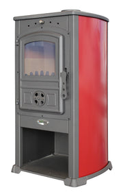 Semineu (Soba) pe lemne Fornello Modena Red 7-9 kW, 480x460x930 mm, gratar ardere din fonta, camera de ardere samotata, usa fonta cu geam din sticla termorezistenta si plita din fonta