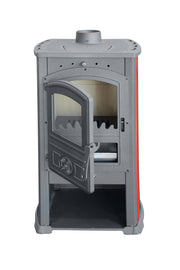 Semineu (Soba) pe lemne Fornello Modena Red 7-9 kW, 480x460x930 mm, gratar ardere din fonta, camera de ardere samotata, usa fonta cu geam din sticla termorezistenta si plita din fonta