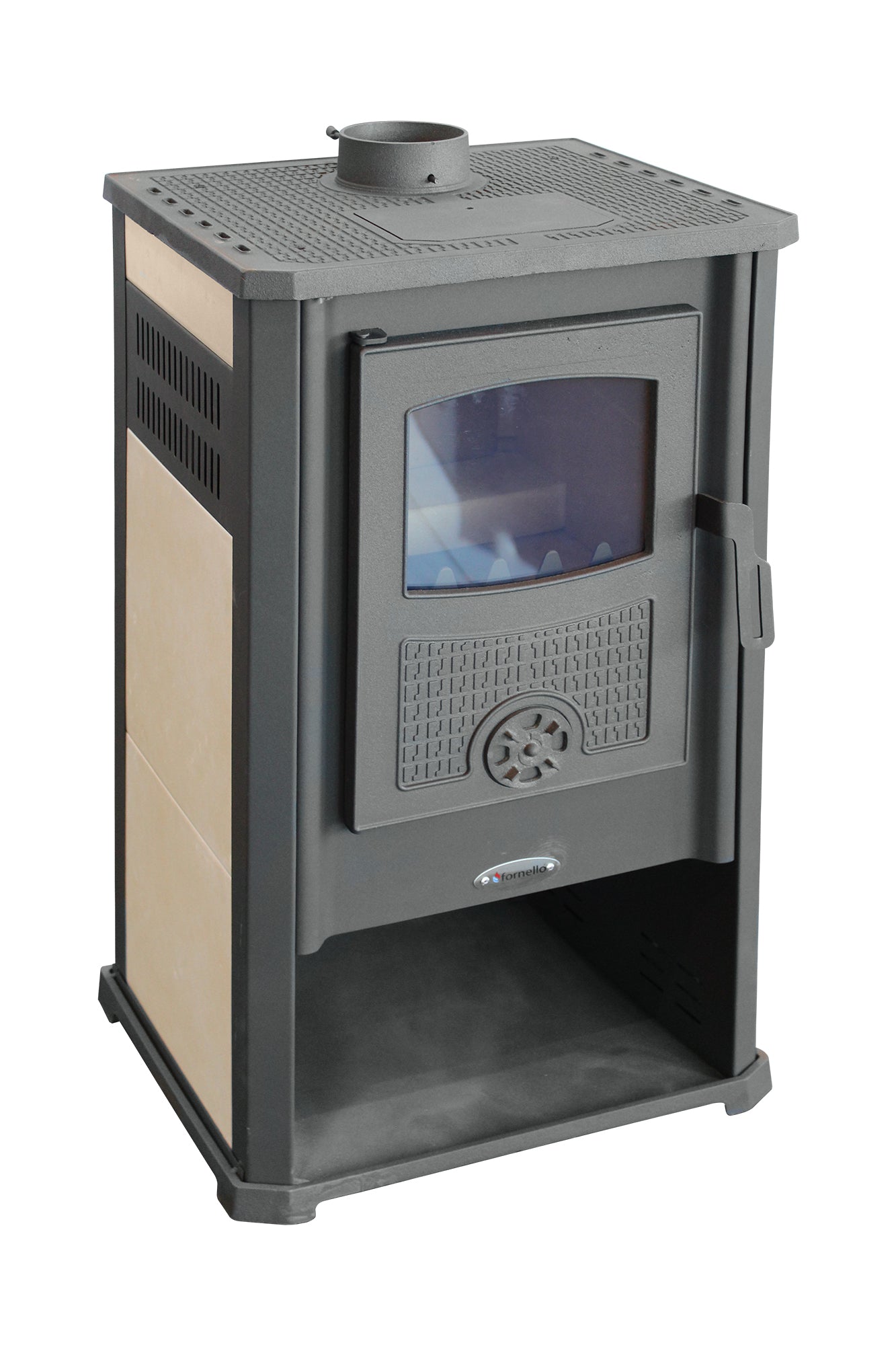 Semineu (Soba) pe lemne Fornello Atene G Ivory 7-9 kW, 490x460x930 mm, gratar ardere din fonta, camera de ardere samotata, usa fonta cu geam din sticla termorezistenta si plita din fonta