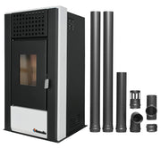 Pachet pentru incalzire Semineu (Soba) pe Peleti cu aer cald Fornello Magnesia 9 KW, culoare White si kit evacuare 2,5 metri