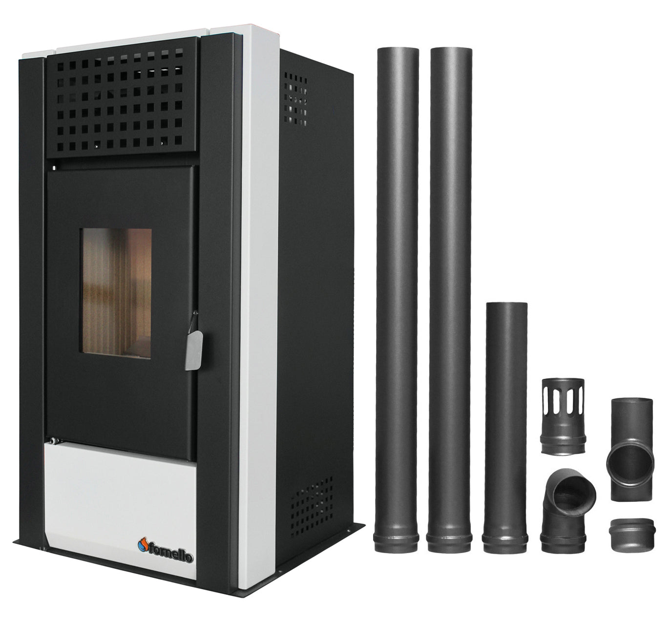 Pachet pentru incalzire Semineu (Soba) pe Peleti cu aer cald Fornello Magnesia 9 KW, culoare White si kit evacuare 2,5 metri