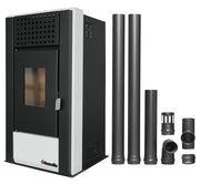 Pachet pentru incalzire Semineu (Soba) pe Peleti cu aer cald Fornello Magnesia 9 KW, culoare White si kit evacuare 2,5 metri