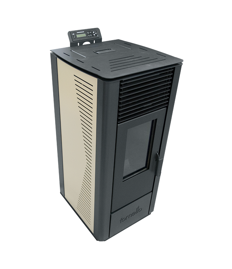 Semineu (soba ) pe peleti cu tiraj fortat Fornello Sophia Premium 11 kw, aprindere electrica, telecomanda, culoare Ivory, recomandat pentru 110 mp